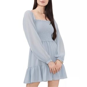 NWT 1. State Smocked Ruffle Hem Long Sleeve Mini Dress in Dusty Blue